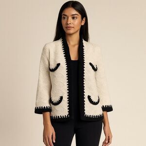 CAbi Women’s Cream Knit Cardigan with Black Contrast Trim Sweater Size Small